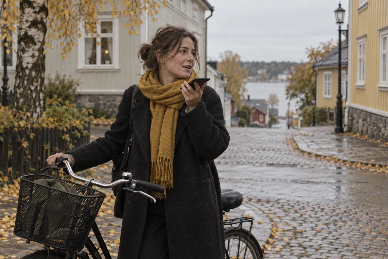 Kvinna med cykel på en kullerstensgata en höstmorgon pratar in ett meddelande i telefonen.