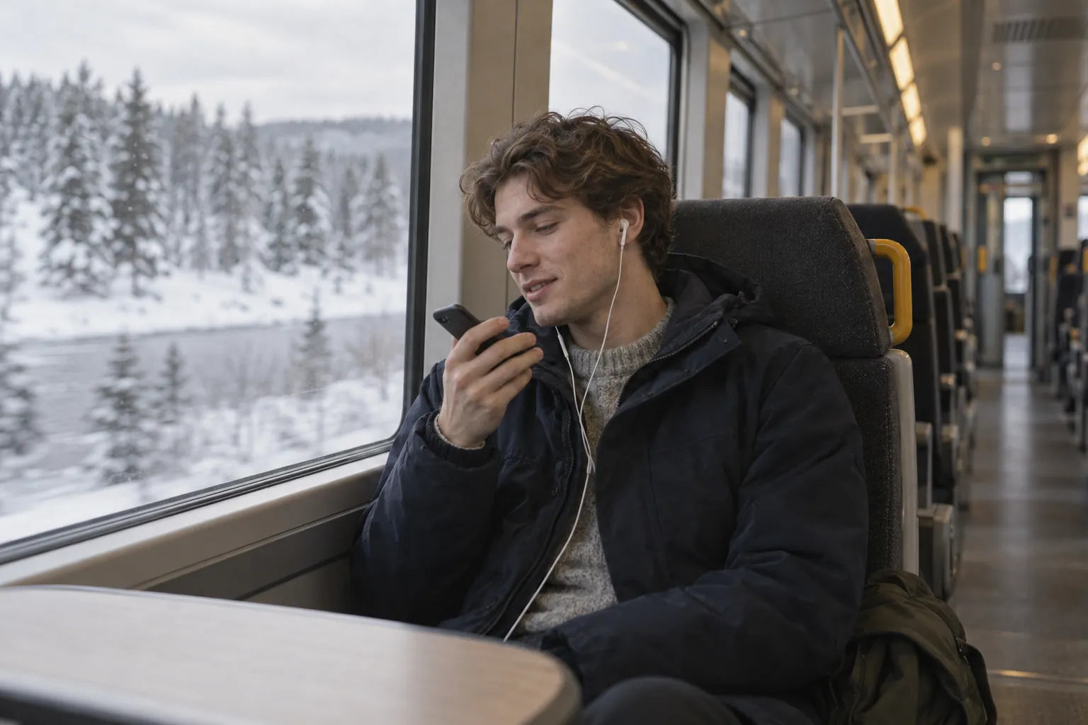 A young man on a commuter train through a snowy forest quietly dictating into his phone.